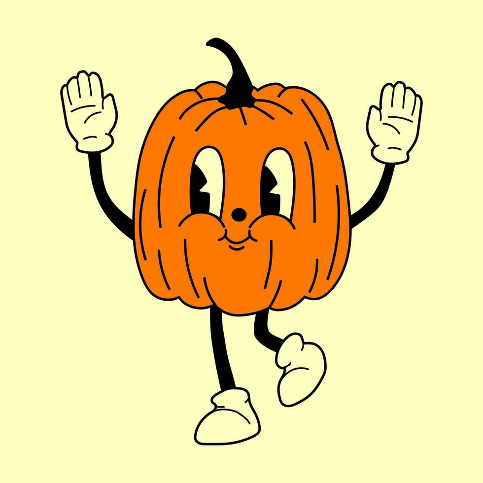 citrouille 30s dessin animé mascotte personnage 40 ans, 50 ans, Années 60 vieux animation style. dessin animé de bonne humeur Halloween mascotte vecteur