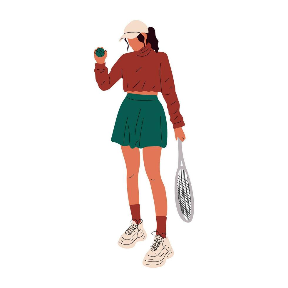 coloré sportive gros tennis joueur. professionnel des sports femelle en portant raquette et frappe Balle isolé sur blanche. fille personnage dans branché tenue de sport vecteur