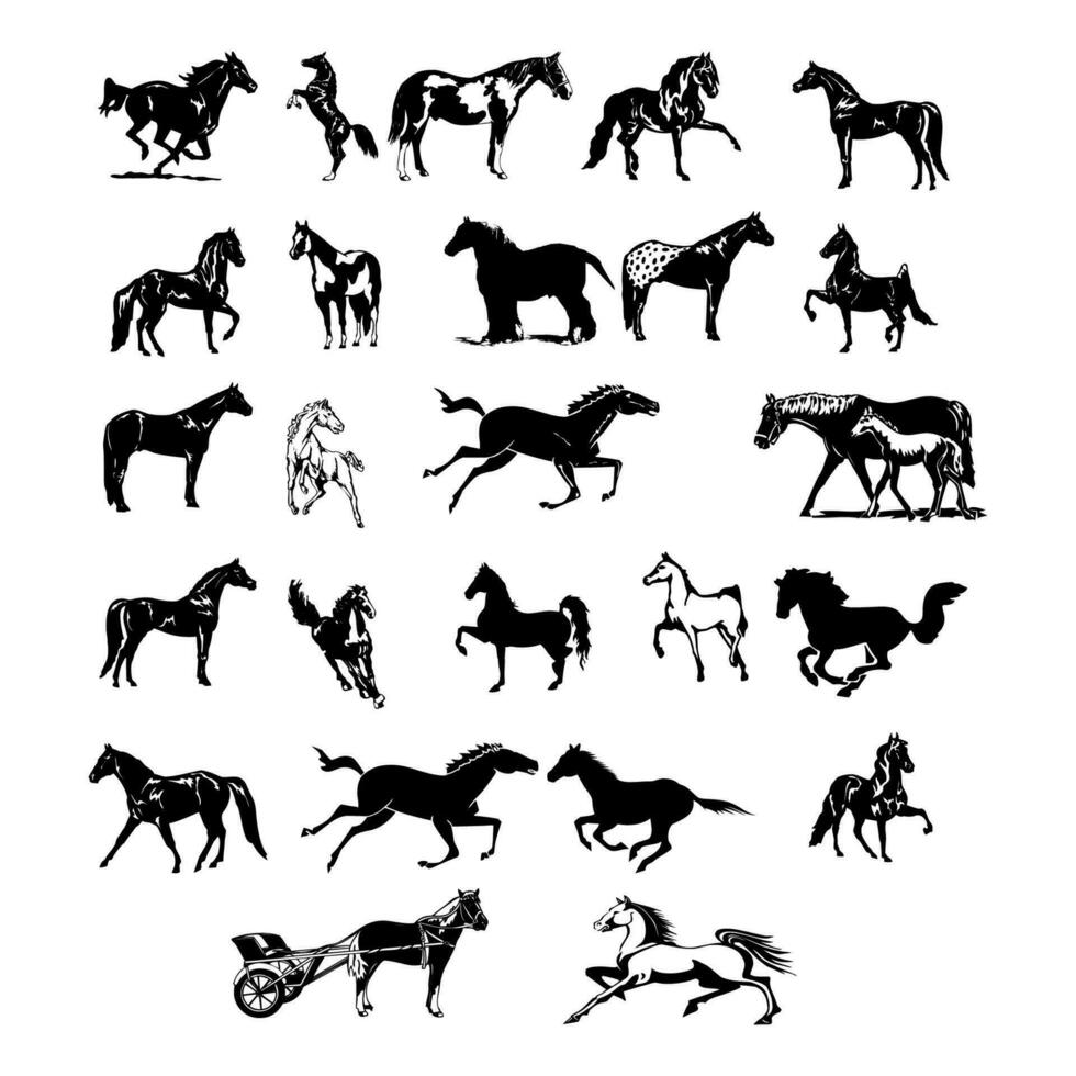 les chevaux silhouettes collection ensemble vecteur illustration.