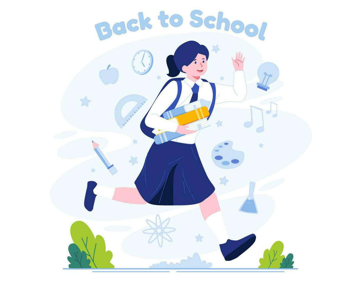 une école fille dans uniforme avec une sac à dos fonctionnement Heureusement retour à école. retour à école concept illustration vecteur