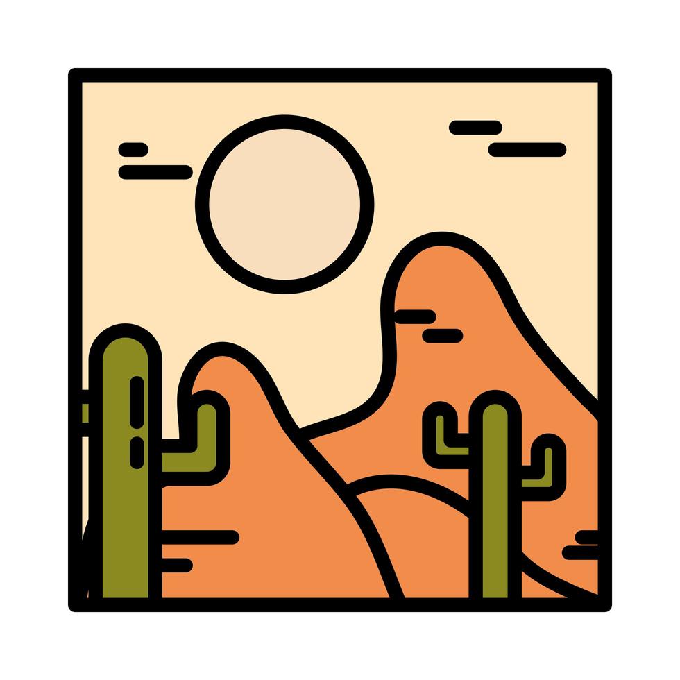 paysage aride désert cactus soleil ligne sauvage et style de remplissage vecteur