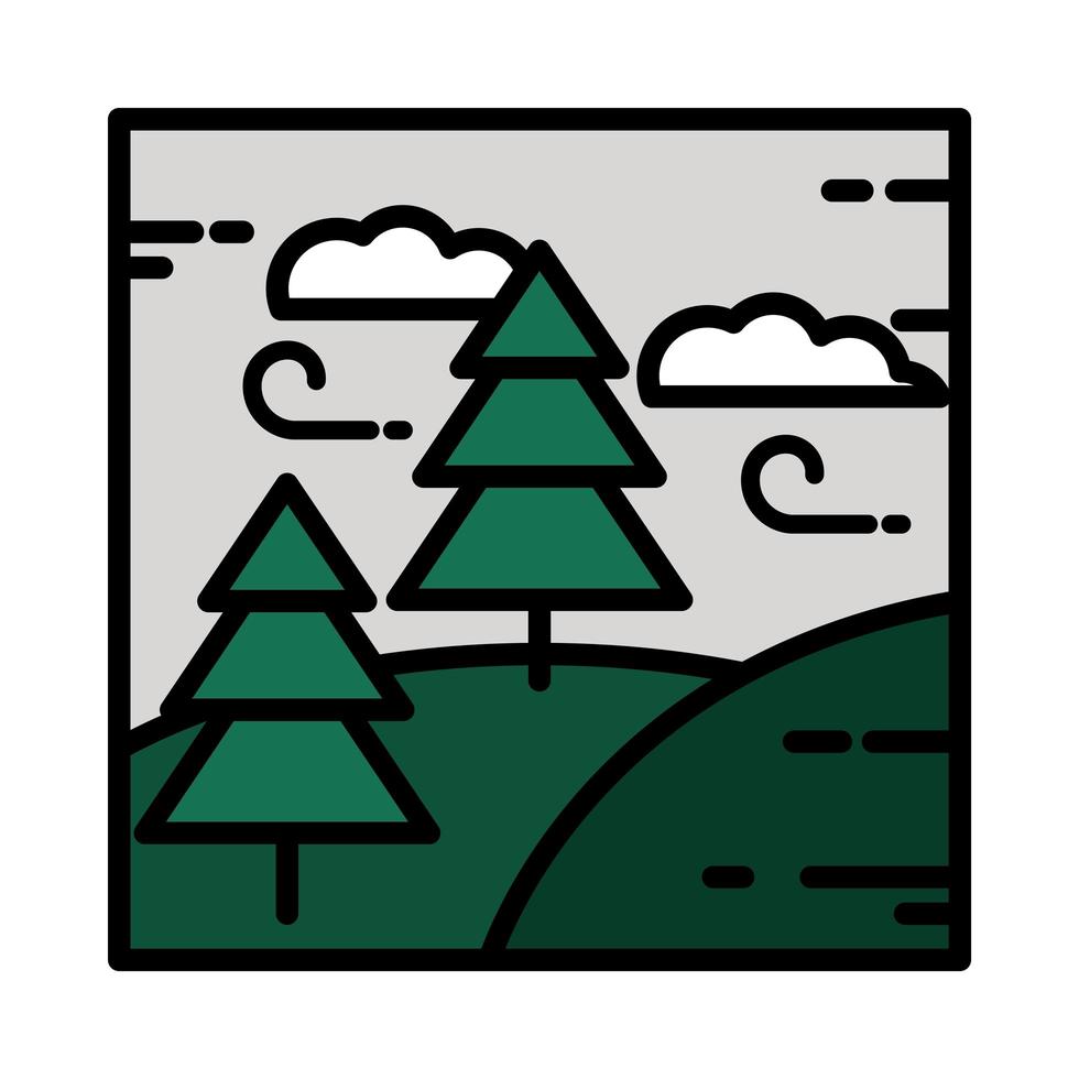 paysage forêt pins collines vent météo nuages ligne de dessin animé et style de remplissage vecteur