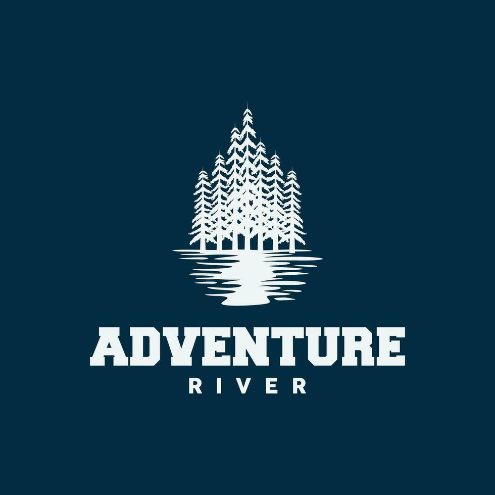 création de logo de rivière, vecteur de ruisseau de rivière, illustration au bord de la rivière avec une combinaison de montagnes et de nature, marque de produit