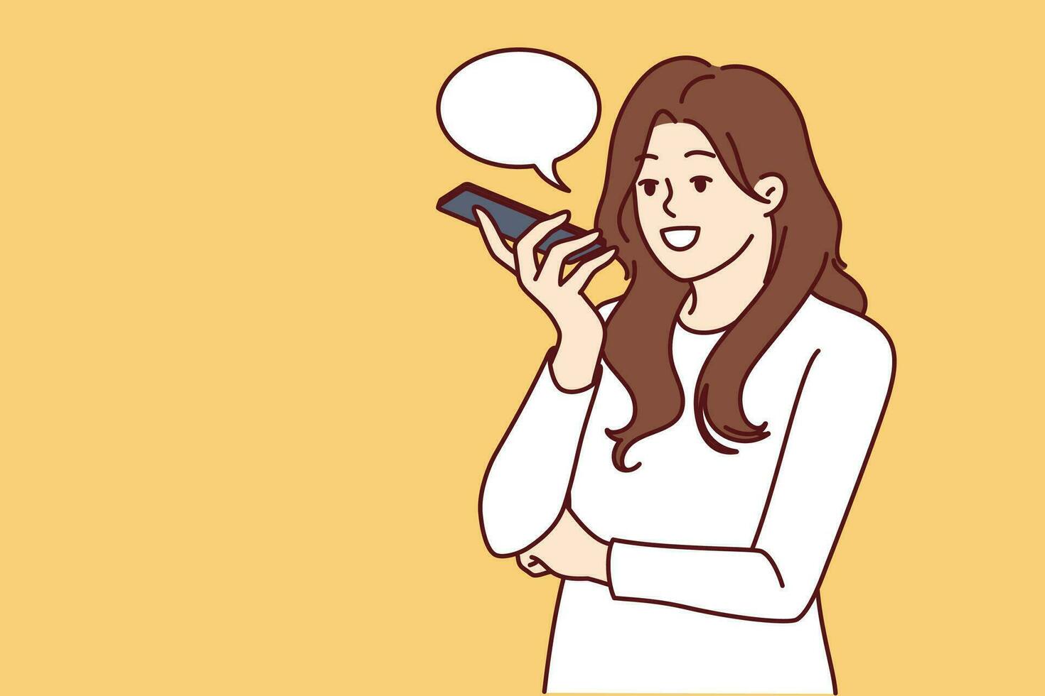 femme avec téléphone enregistrements l'audio message à envoyer via Messager ou social réseau. Jeune fille avec conversation nuage les usages voix messages et discours reconnaissance Caractéristiques dans téléphone en utilisant ai La technologie vecteur