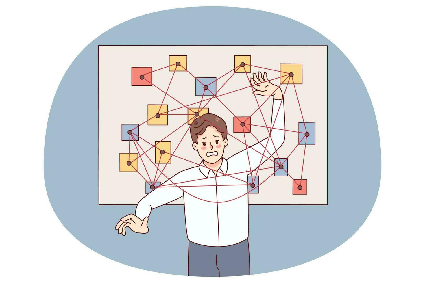 malheureux homme ressentir stressé avec accablant travail Tâches et questions. confus Masculin employé frustré avec programme et des plans. temps la gestion concept. vecteur illustration.