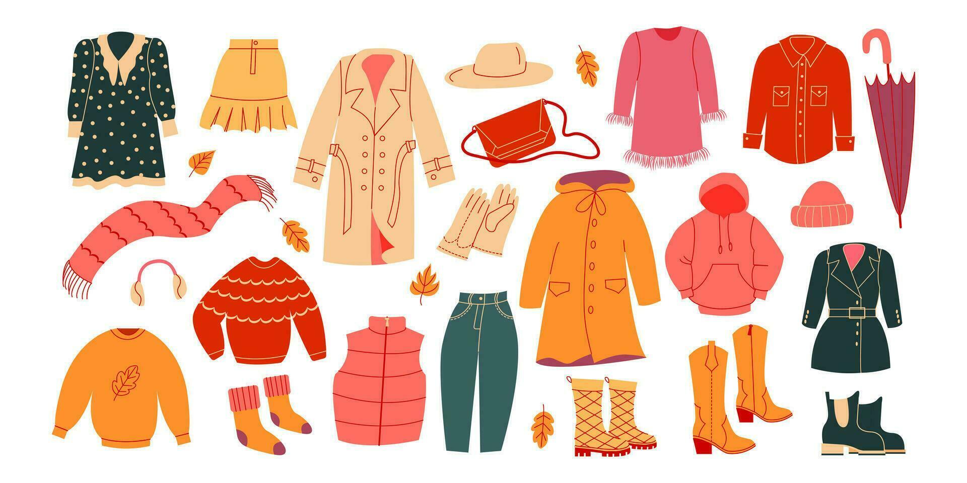 femmes capsule l'automne garde-robe. décontractée vêtements. l'automne, hiver vêtements, des chaussures et accessoires. vecteur