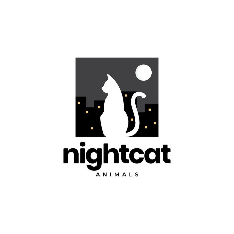 animal animaux domestiques chat nuit lune ville bâtiment logo conception vecteur