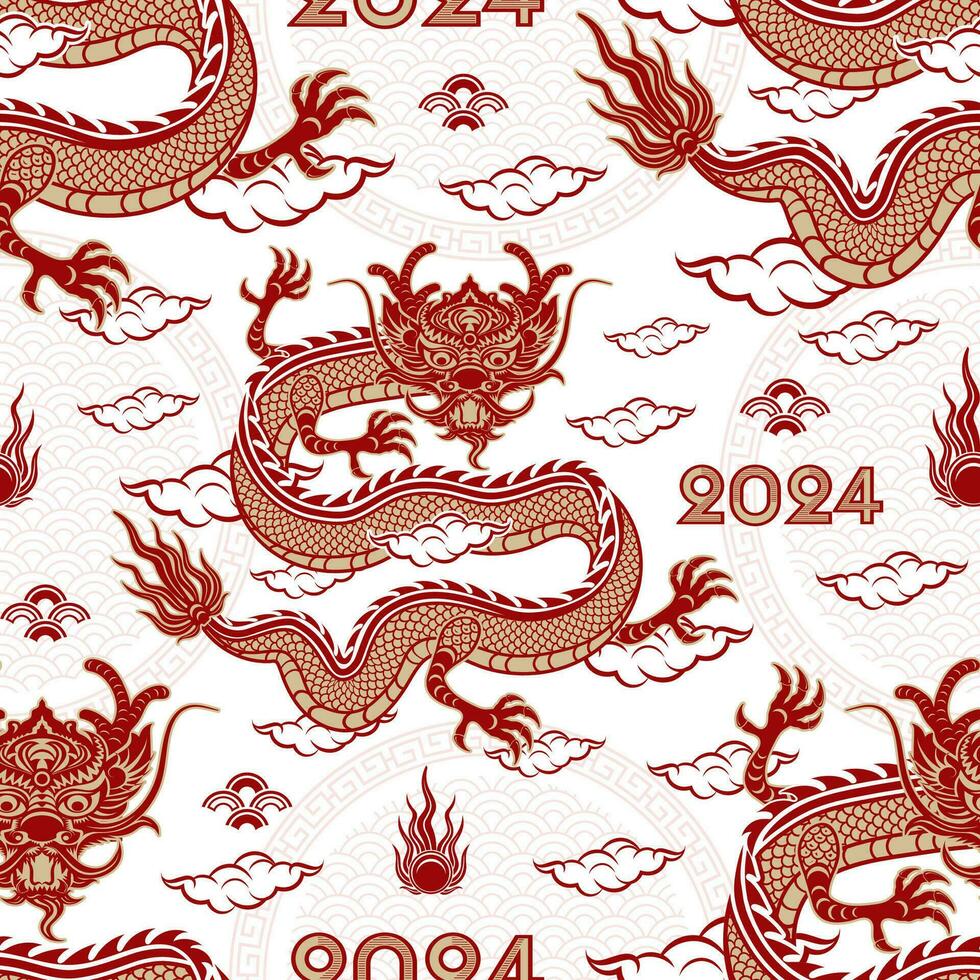 modèle sans couture avec des éléments asiatiques pour le joyeux nouvel an chinois du dragon 2024 vecteur