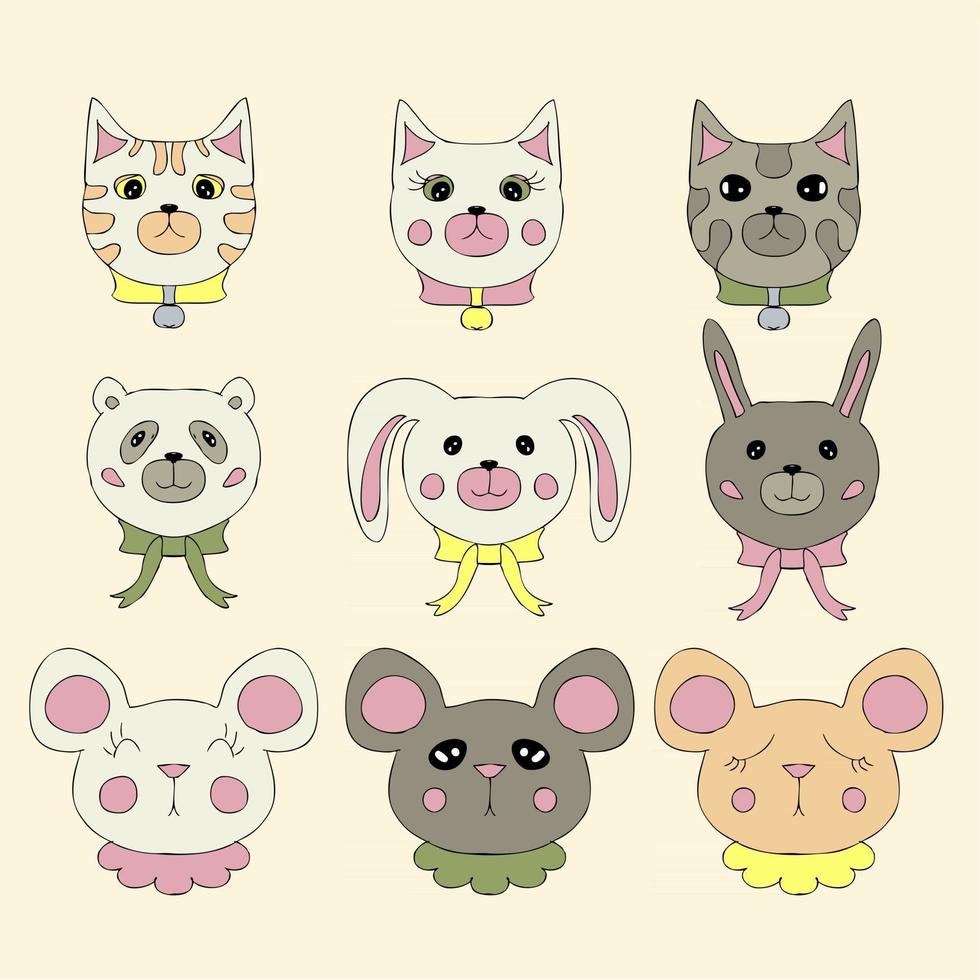 ensemble de doodle coloré de visages d'animaux mignons vecteur