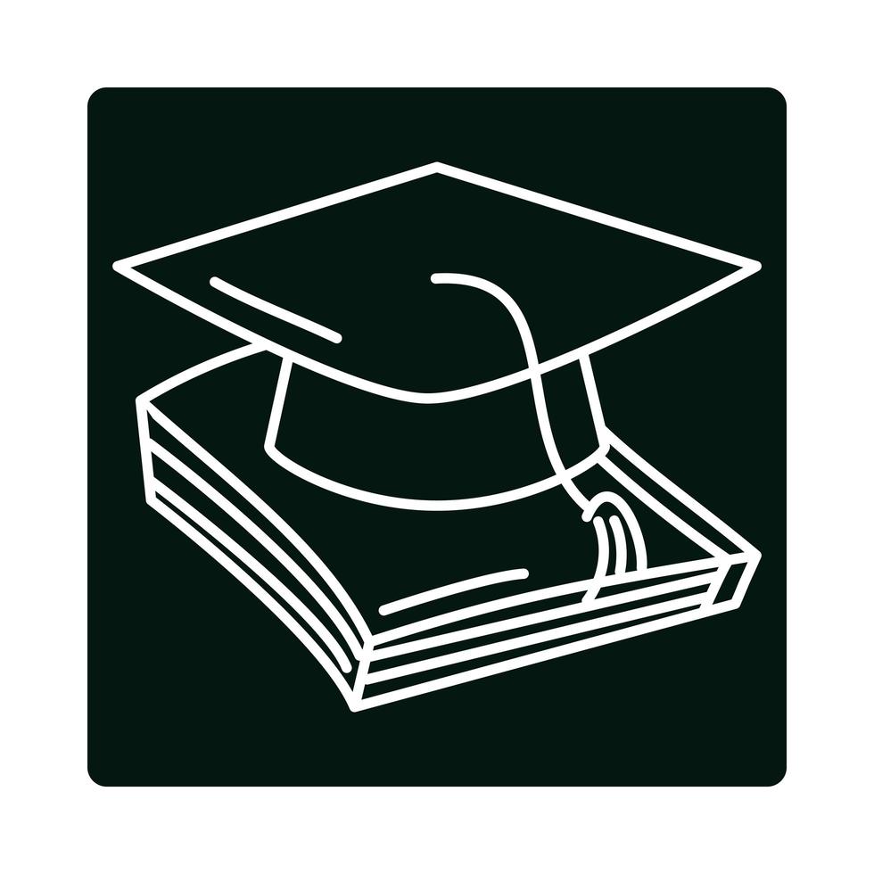 chapeau de remise des diplômes de retour à l'école sur l'icône de bloc et de ligne d'éducation élémentaire de livre vecteur