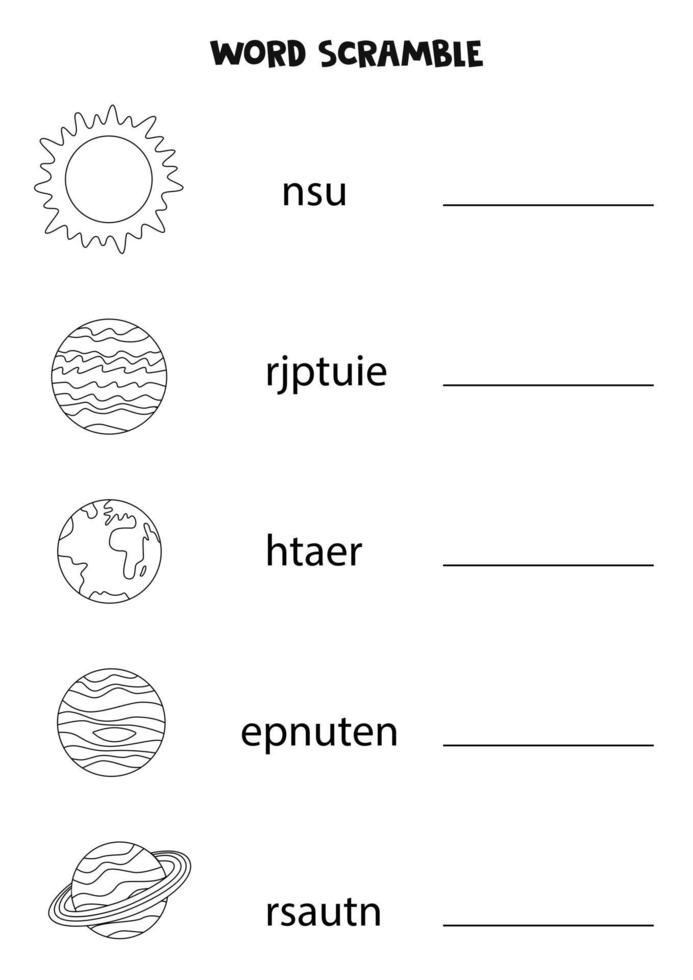 puzzle pour enfants mot brouiller pour enfants planètes noires et blanches vecteur