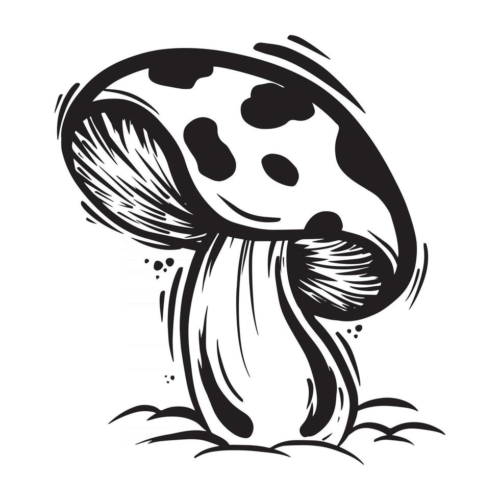 champignon plante illustration dessinée à la main noir et blanc vecteur