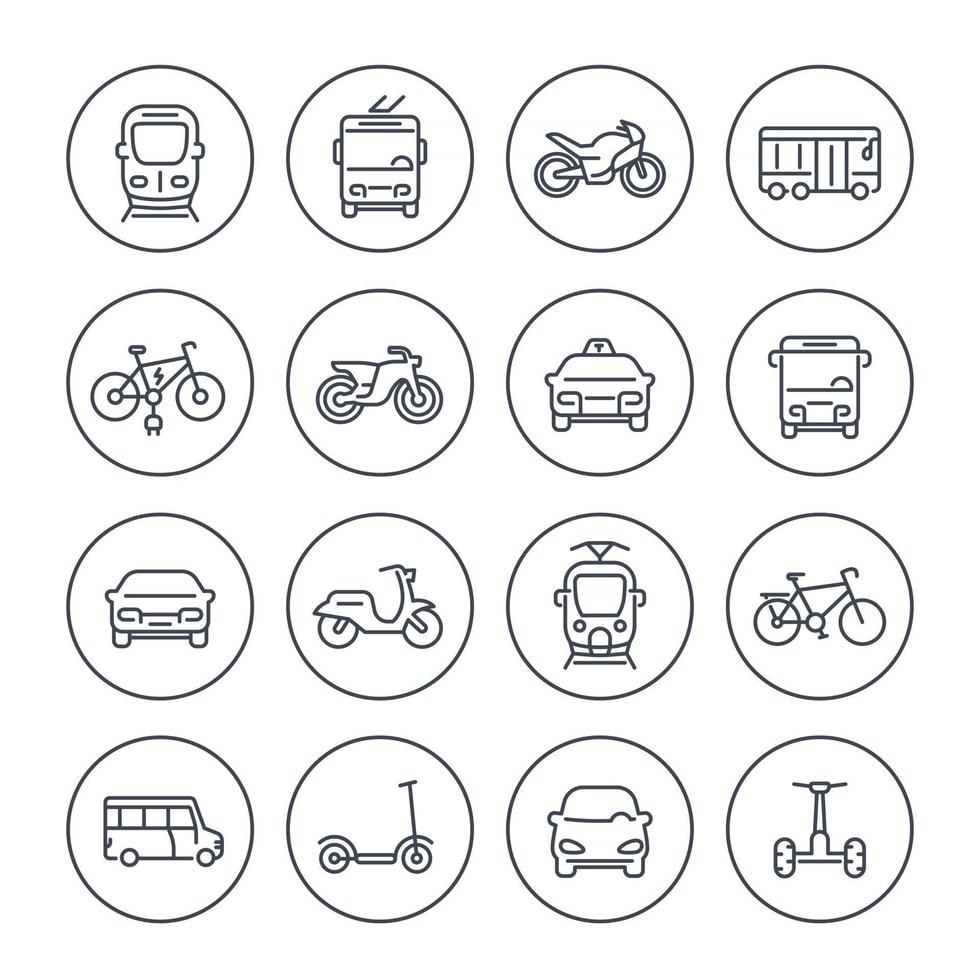 icônes de transport urbain sur blanc, fourgon de transit, taxi, bus, taxi, train, vélos, scooters, style linéaire vecteur