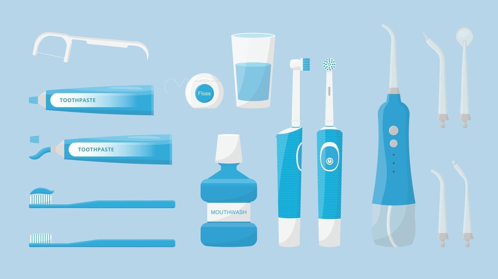 soins bucco-dentaires ensemble d'outils de nettoyage dentaire brosse à dents brosse à dents électrique irrigateur portable et dentifrice bain de bouche fil dentaire isolé hygiène dentaire vecteur