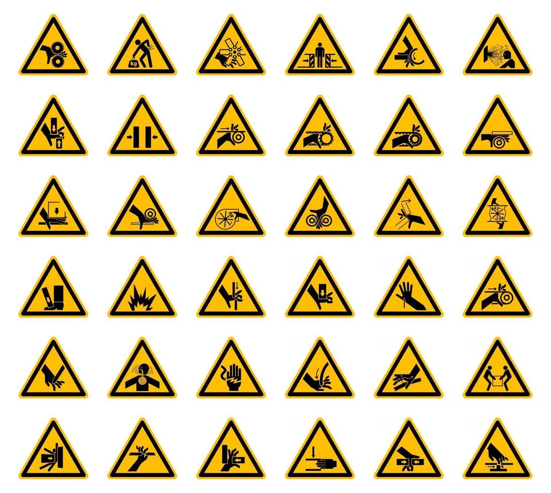 Étiquettes de symboles de danger d'avertissement triangulaires sur fond blanc vecteur