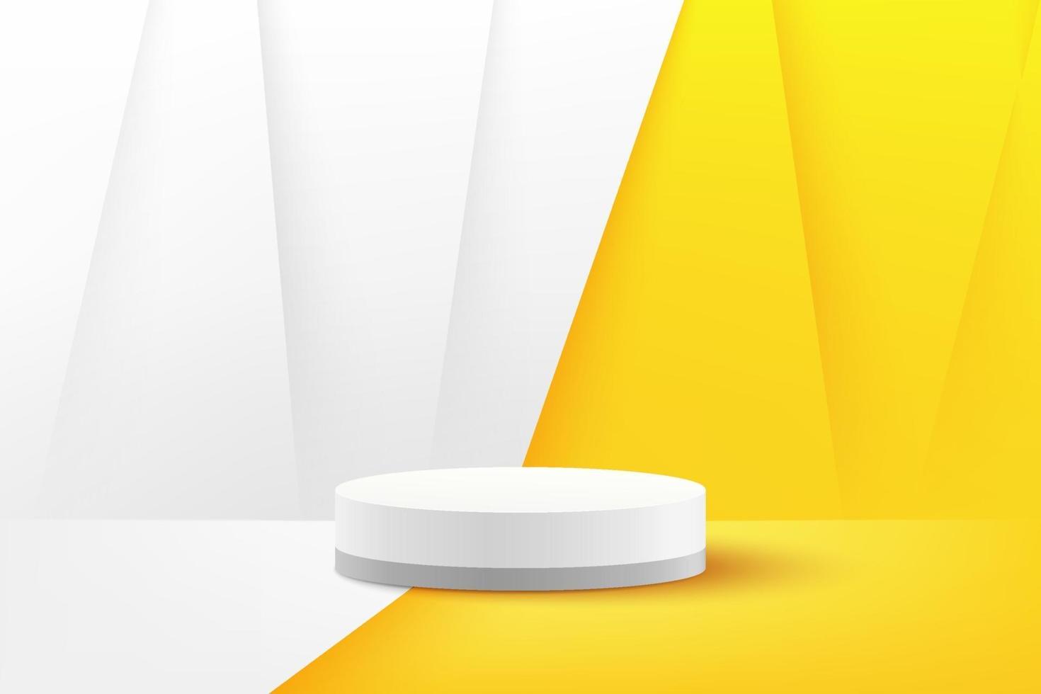 podium de cylindre blanc moderne avec fond de salle vide blanc et jaune. vecteur abstrait rendant la forme 3d pour l'affichage du produit publicitaire avec espace de copie. concept de salle de studio de scène minimale pastel.