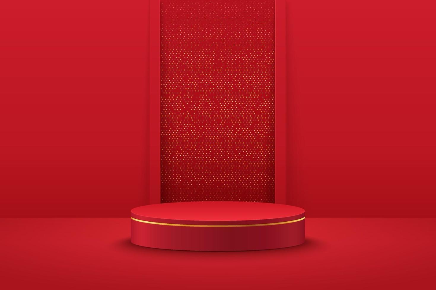 affichage rond abstrait pour produit sur site Web dans un style moderne. rendu de fond avec podium et scène de mur de texture de rideau rouge minimal, rendu 3d forme géométrique couleur rouge et or. concept oriental. vecteur