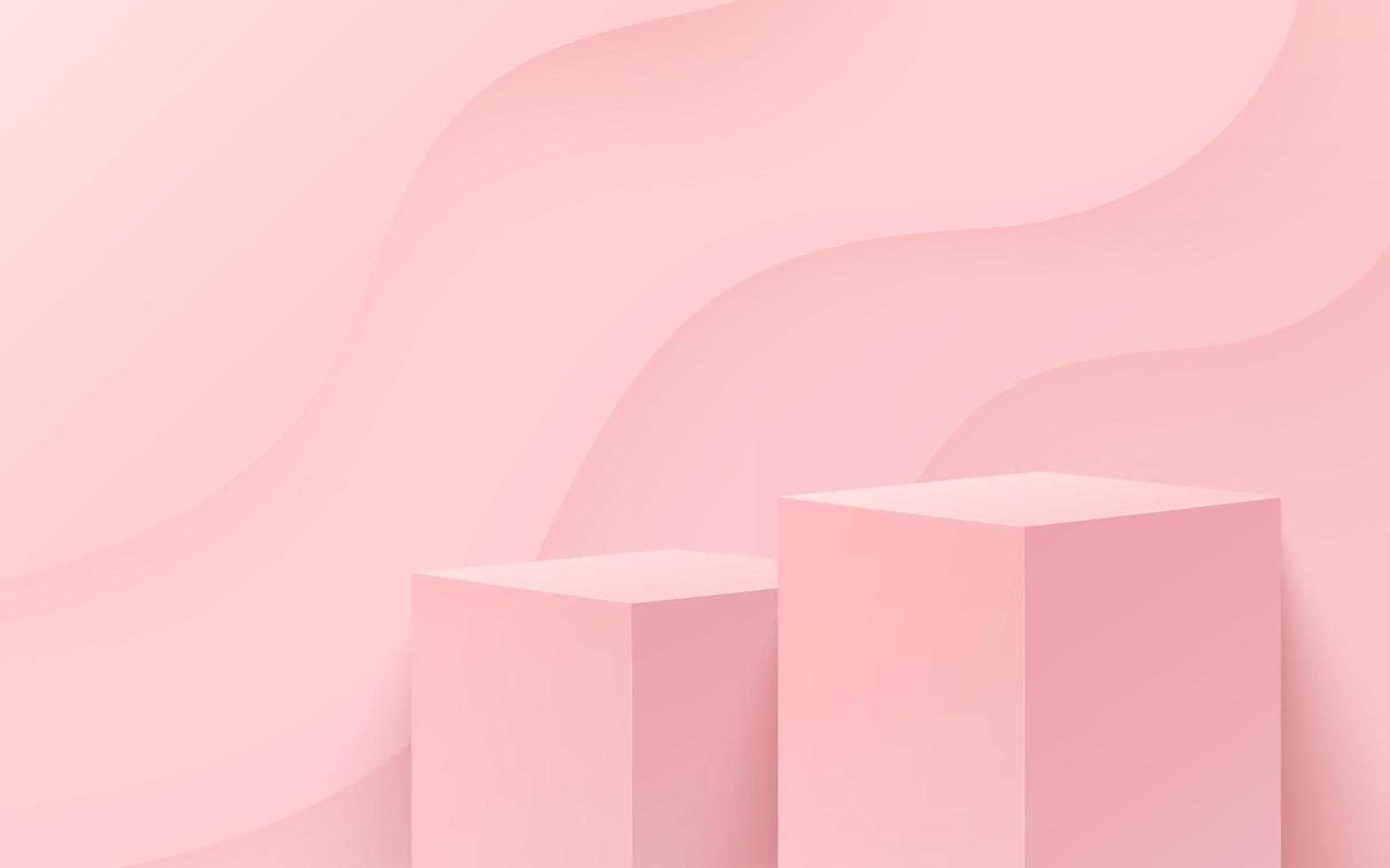 vecteur abstrait rendant la forme 3d pour l'affichage des produits publicitaires avec espace de copie. podium de cube rose clair moderne avec une pièce vide pastel et un fond de motif de courbe. concept de studio minimal.