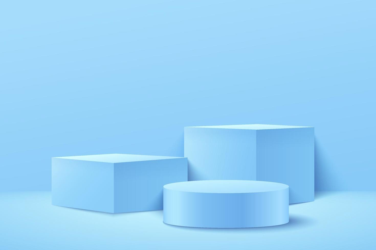 cube abstrait et affichage rond pour le produit sur le site Web en moderne. rendu d'arrière-plan avec podium et scène de mur de texture bleu clair minimale, rendu 3d forme géométrique couleur bleu clair. vecteur eps10