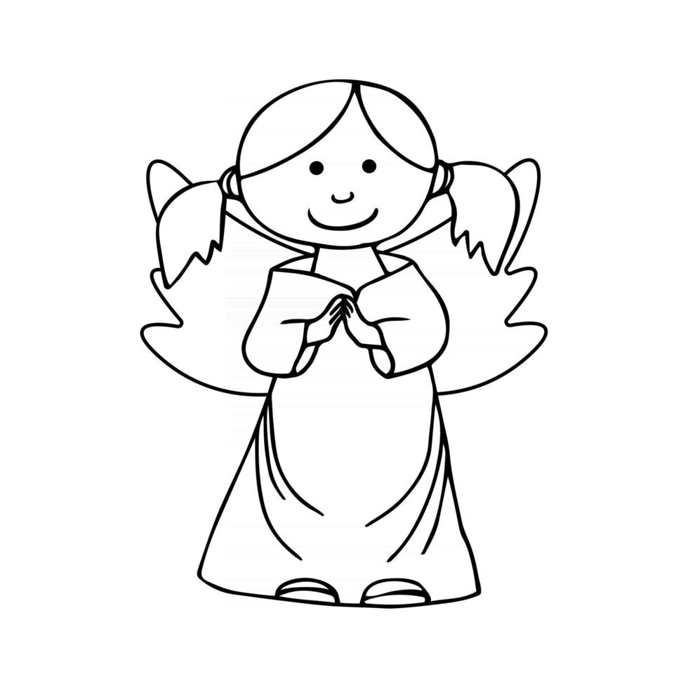 fille d'ange dans le style de croquis de dessin animé isolé sur le fond. doodle dessin à la main avec une petite fille avec des ailes. illustration vectorielle de contour pour noël ou la saint-valentin vecteur