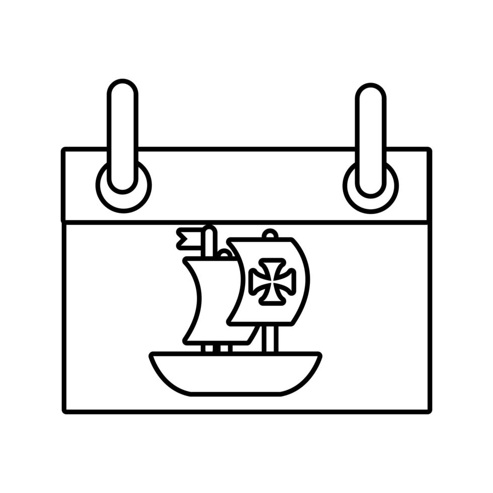 calendrier avec l'icône de style de ligne jour caravelle navire columbus vecteur