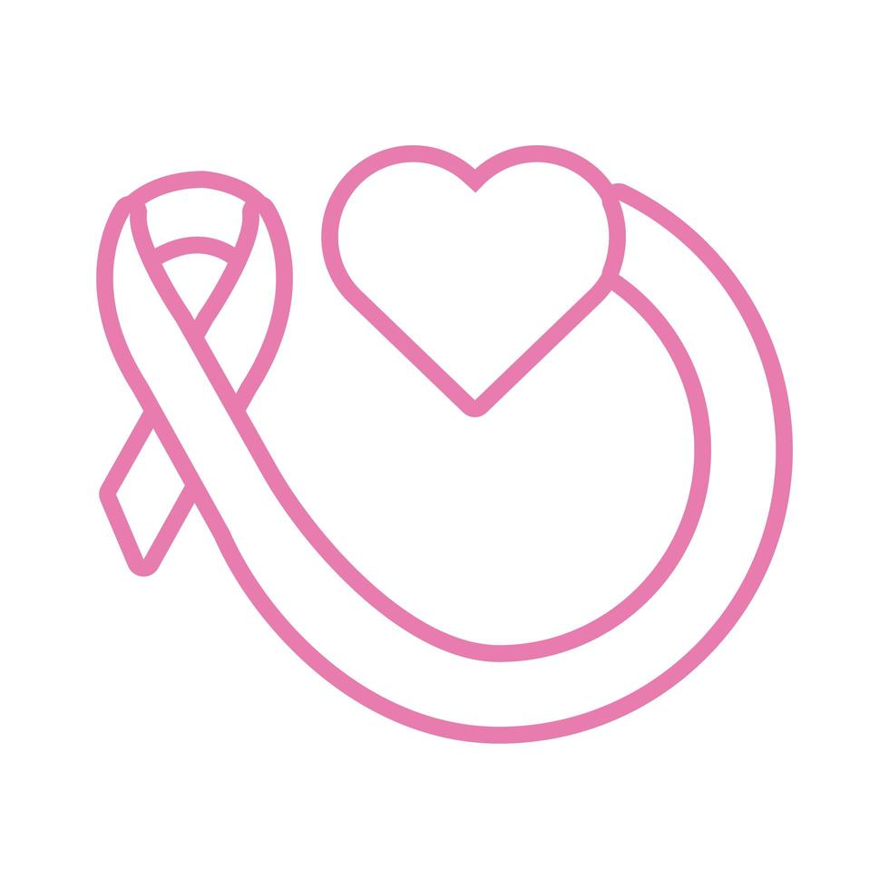 coeur avec l'icône de style de ligne de cancer du sein ruban rose vecteur