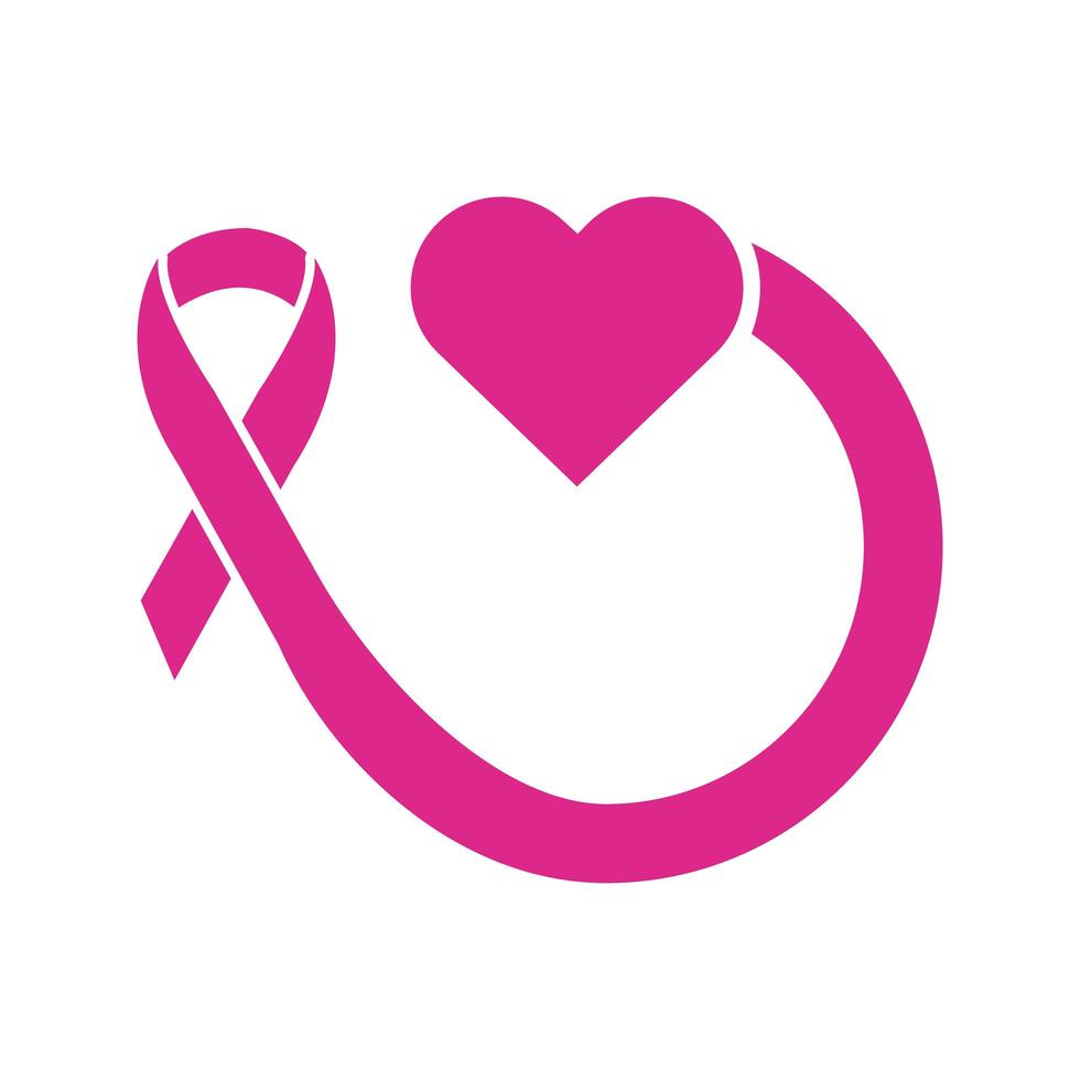 coeur avec l'icône de style de silhouette de cancer du sein de ruban rose vecteur