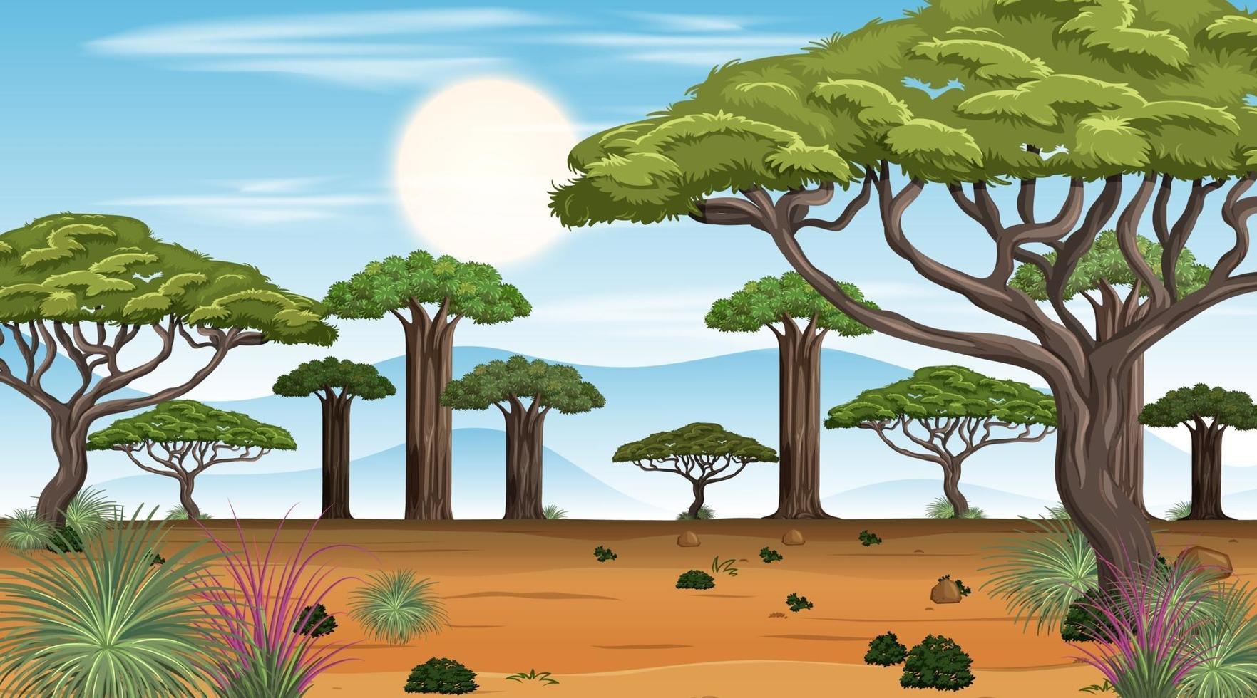 Scène de paysage de forêt de savane africaine au moment de la journée vecteur