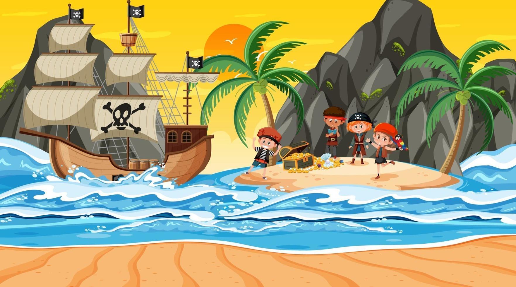 Scène d & # 39; île au trésor au coucher du soleil avec des enfants pirates vecteur