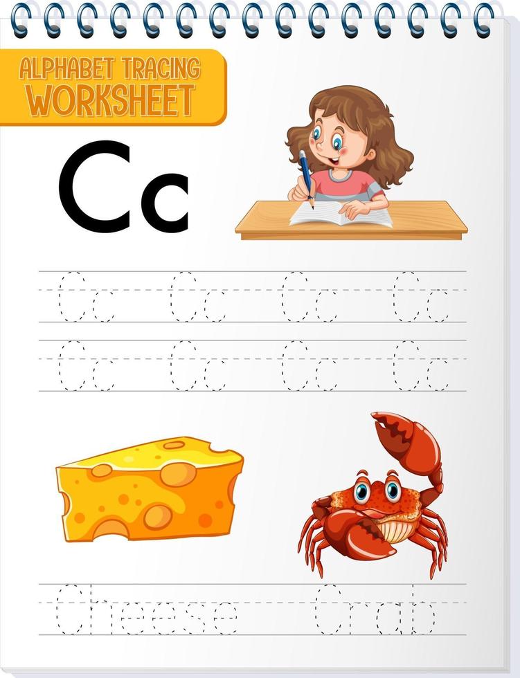 feuille de calcul de traçage alphabet avec lettre et vocabulaire vecteur