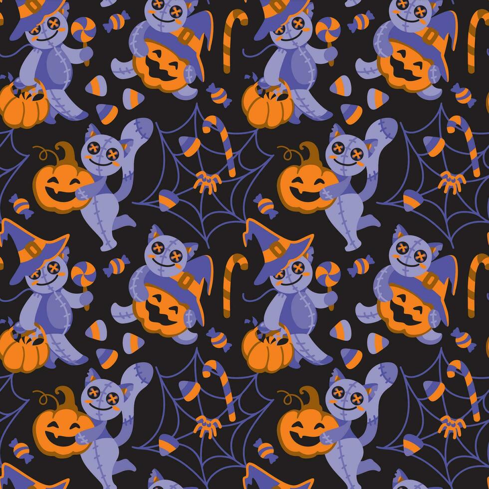 Halloween chiffon poupées. citrouilles, des sucreries, araignée la toile et autres Halloween attribution. puéril imprimer. sans couture modèle vecteur