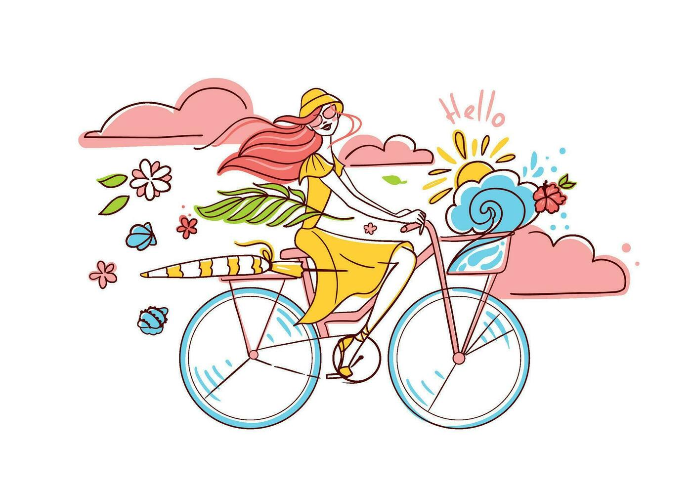 magnifique fille monte une bicyclette à le plage. été illustration. vecteur. vecteur