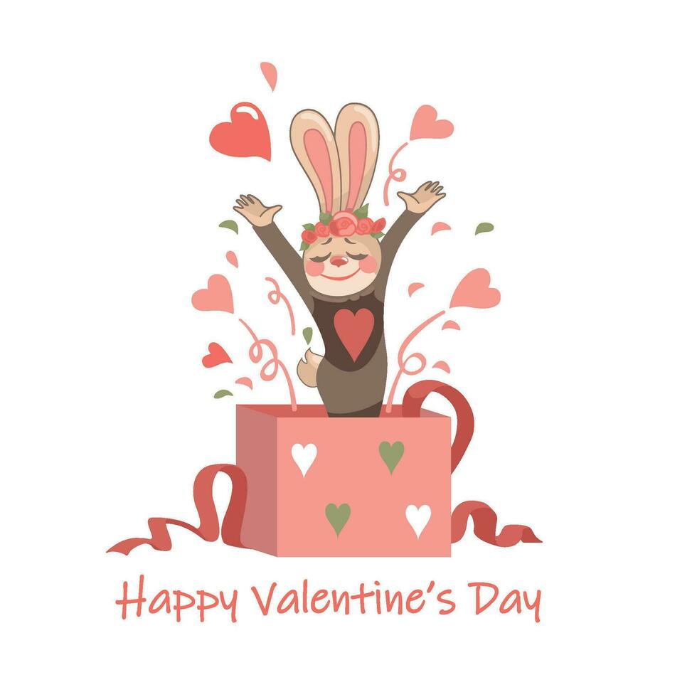mignonne lapin sauts en dehors de une cadeau boîte avec toutes nos félicitations. san la Saint-Valentin journée. vecteur. vecteur