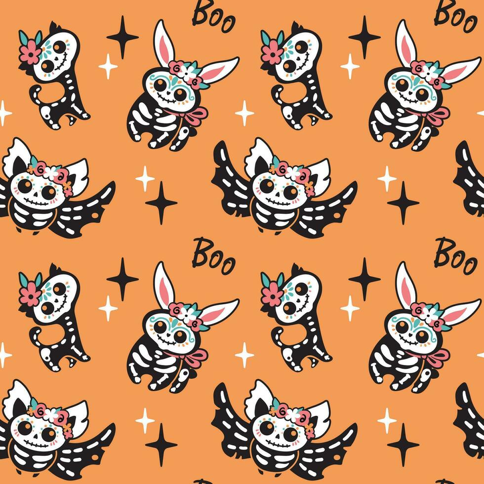 mignonne squelettes de animal sur rose Contexte. Halloween illustration. impression pour peu filles. sans couture modèle. vecteur