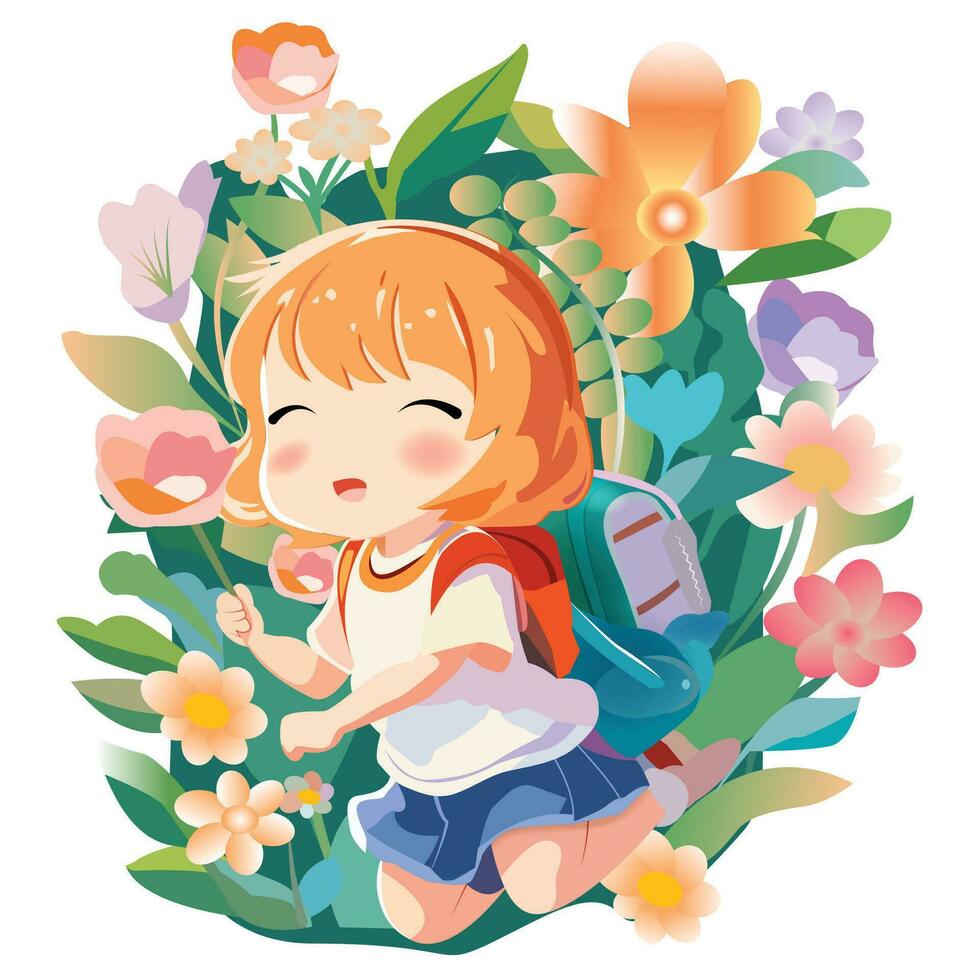 kawaii style litière fille mignonne griffonnages dans le fleur jardin vecteur