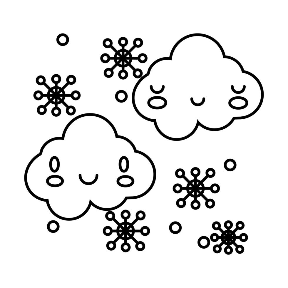 ciel de nuages avec des flocons de neige style de ligne de personnage de bande dessinée kawaii vecteur