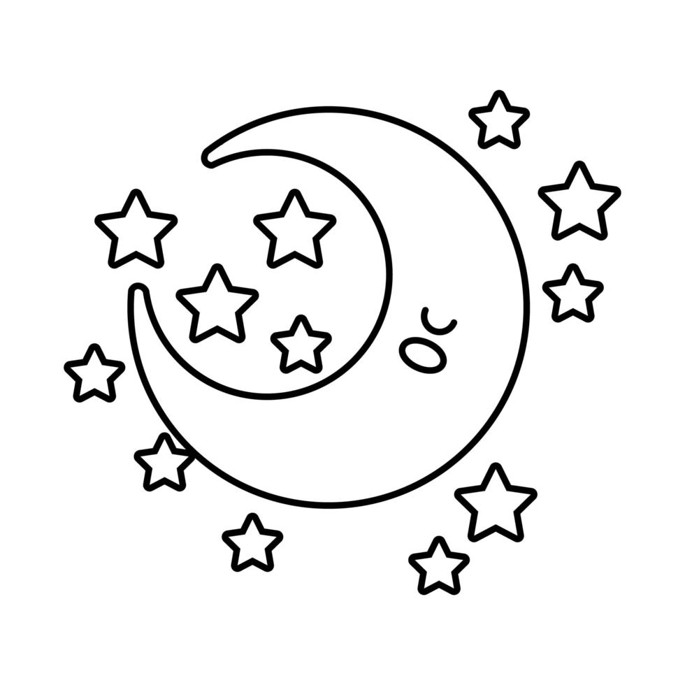 joyeux croissant de lune avec des étoiles style de ligne de caractère kawaii vecteur