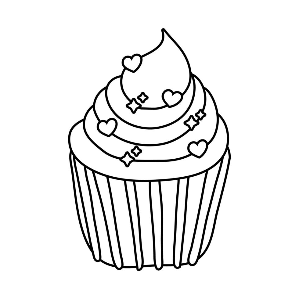 cupcake sucré avec style de ligne de navires coeurs vecteur