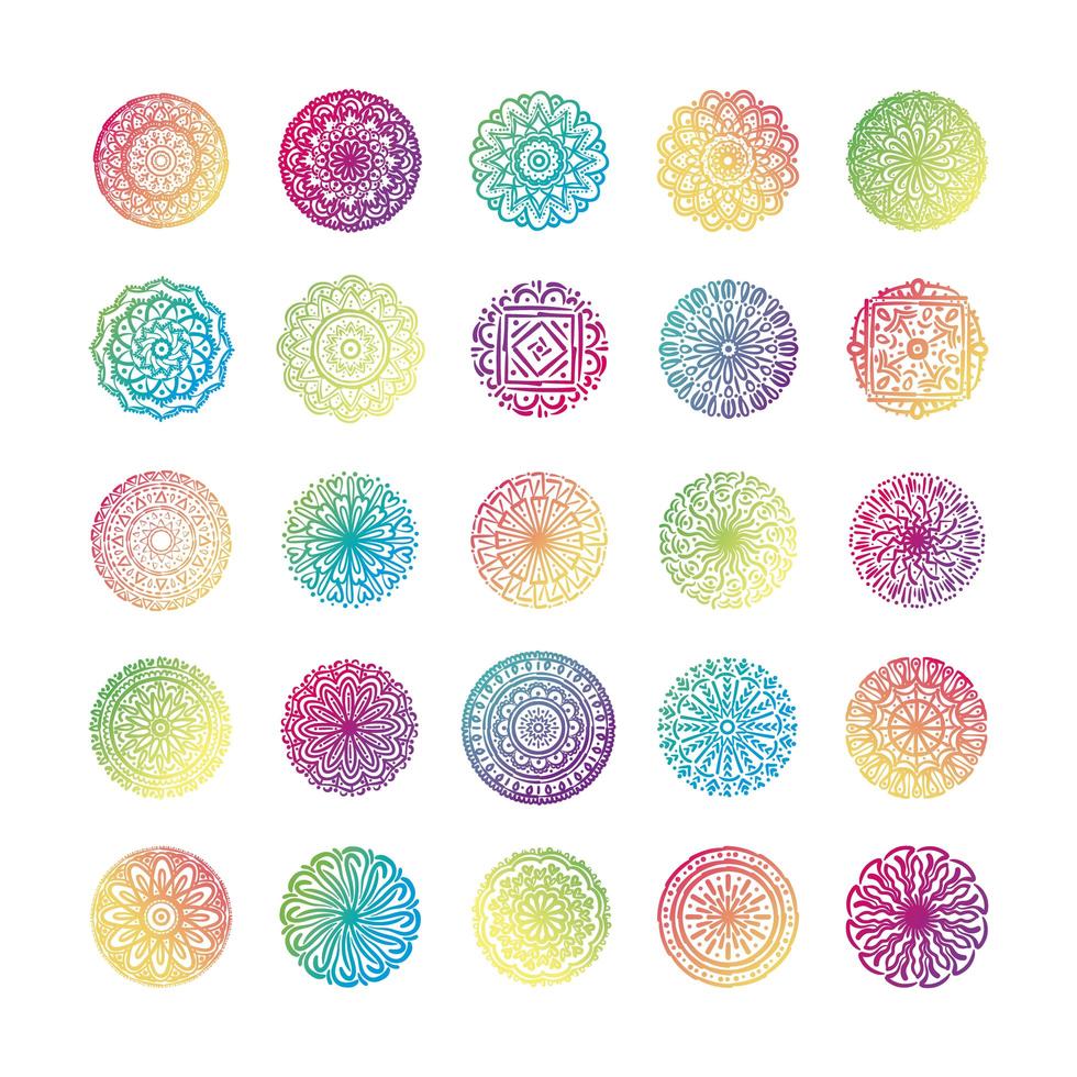 lot de vingt-cinq mandalas colorés set d'icônes de collection vecteur