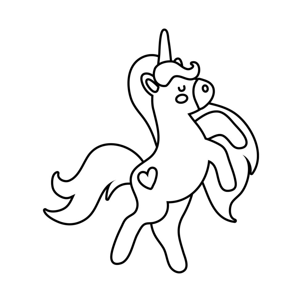 Licorne mignonne avec icône de style de ligne de cheval magique tatouage coeur vecteur