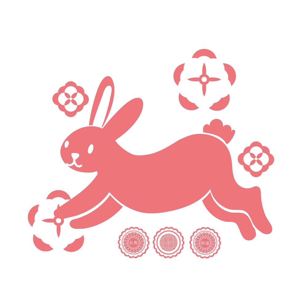 carte de festival de la mi-automne avec icône de style de ligne lapin et lune vecteur