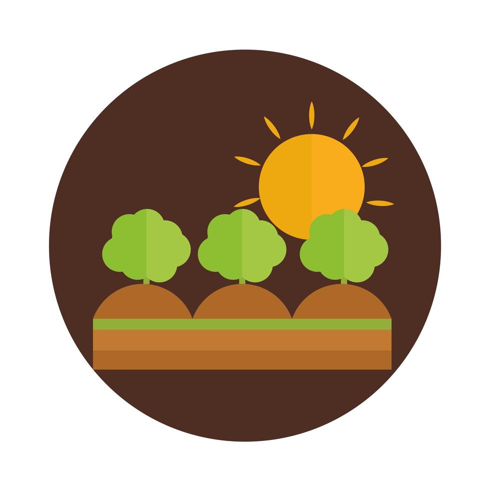 l'agriculture et les arbres agricoles plantent un bloc de dessin animé de soleil au sol et une icône plate vecteur