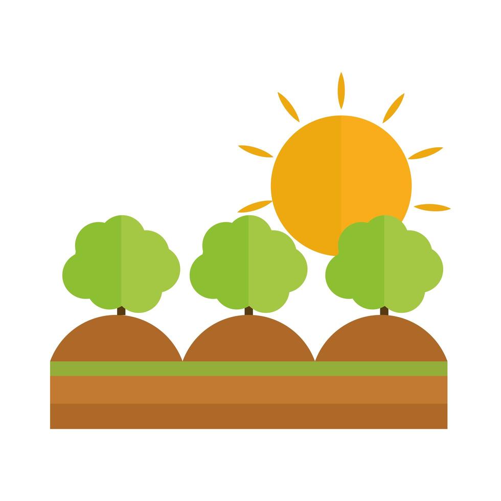 l'agriculture et les arbres agricoles plantent le style d'icône plate de dessin animé de soleil au sol vecteur