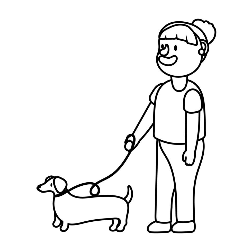 vieille femme avec icône de style de ligne pour animaux de compagnie chien vecteur
