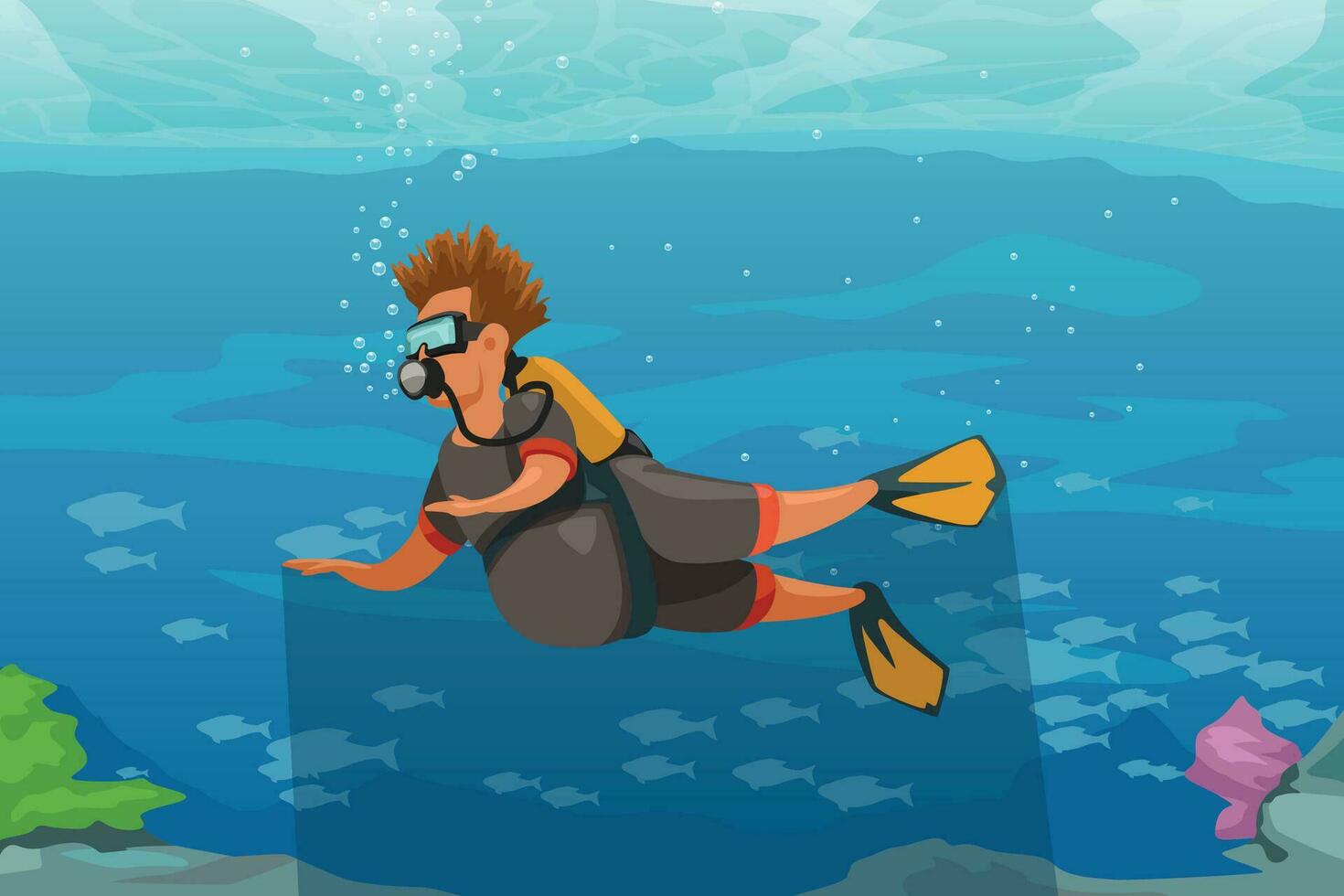 dessin animé homme dans tropical l'eau avec scaphandre autonome vecteur
