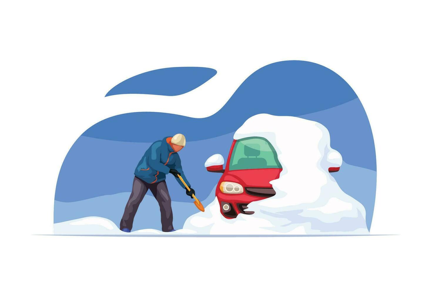 homme nettoyage neige de voiture en utilisant pelle vecteur