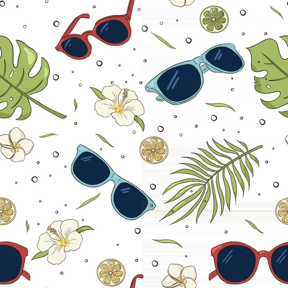 lunettes de soleil et fleurs tropicales feuilles modèle sans couture de vecteur