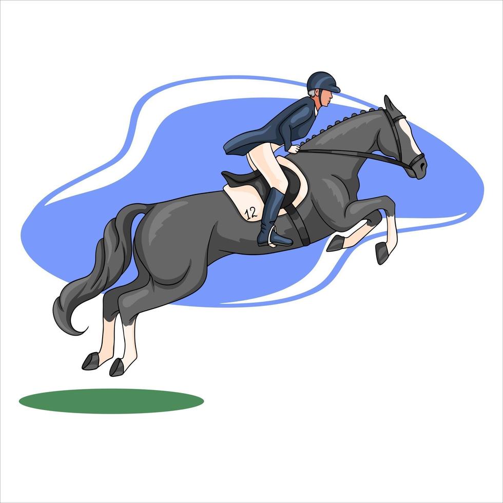 équitation, femme, équitation, cheval saut, dessin animé, style vecteur