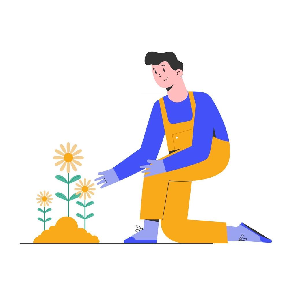 homme de jardinage plante des fleurs avec heureux vecteur