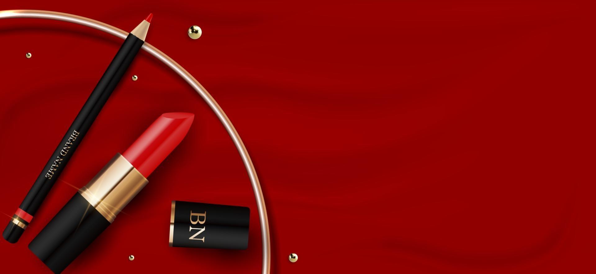 Rouge à lèvres rouge réaliste 3d, crayon, anneau doré sur modèle de conception de soie rouge de produit cosmétique de mode pour les annonces, flyer, bannière ou fond de magazine. illustration vectorielle vecteur